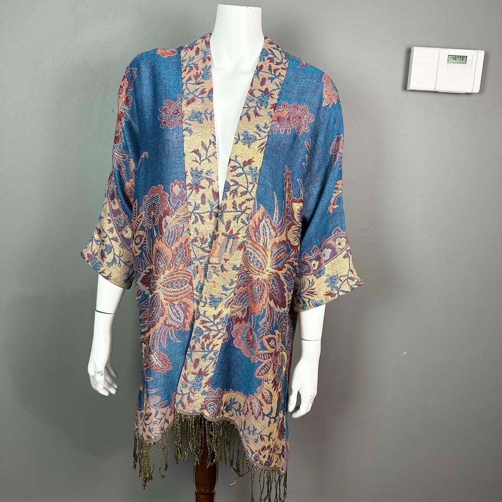 Soft Surroundings kimono pashmina scarf cardigan fringe sweater blue gold